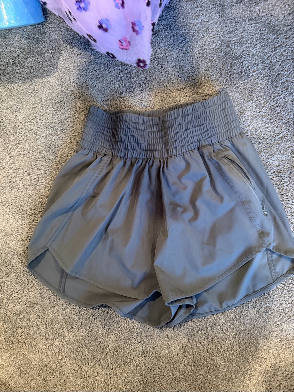 High-Rise Athletic Shorts in Gray with Smocked Waistband